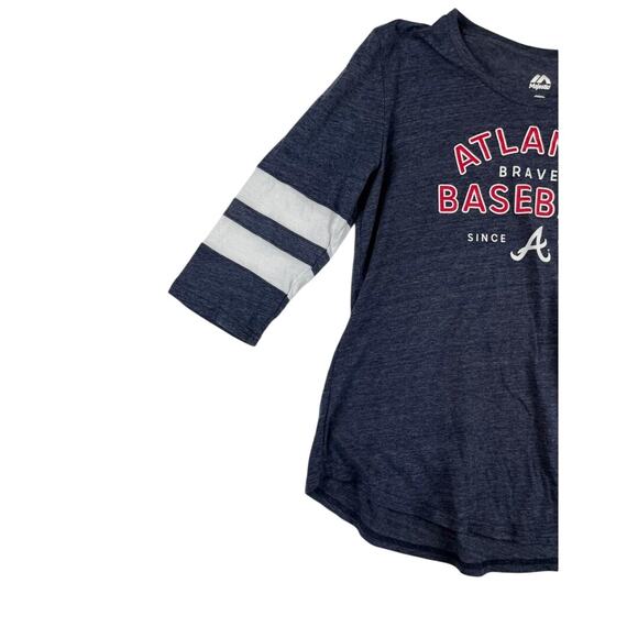 Majestic Atlanta Braves Women's Baseball T-Shirt Large Navy Striped Sleeves - Picture 6 of 7